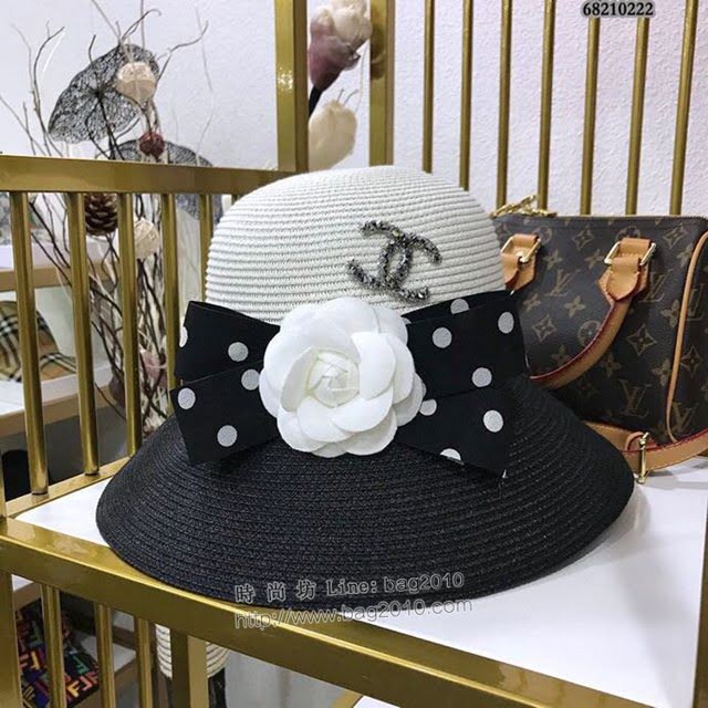 Chanel新品女士帽子 香奈兒蝴蝶結山茶花拼接漁夫帽草帽  mm1405